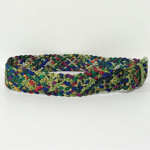 Vintage Ritz Bright Bamboo Buckle Lime Green Purple Woven Braided Belt Tropical - Picture 9 of 15
